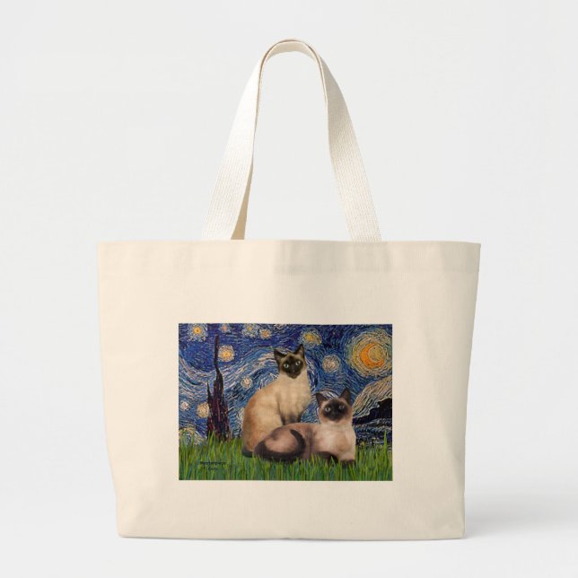 Bolso De Tela Gigante Noche estrellada - Dos gatos siameses (Choc Pt) (Frente)