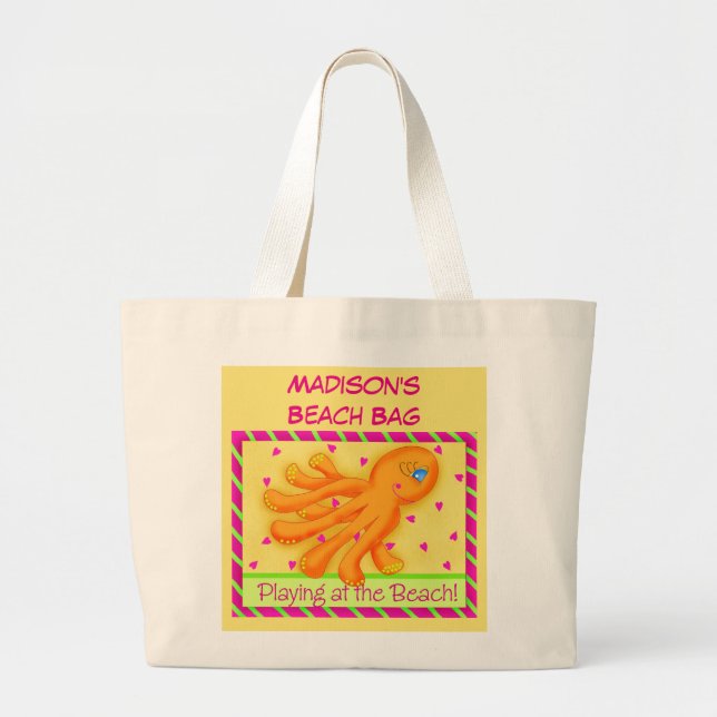 Bolso De Tela Gigante Nombre Octopus personalizado Tote de playa Naranja (Frente)