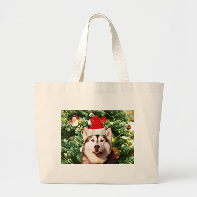 Bolso De Tela Gigante Ornamento de árbol de navidad siberiano Husky Snow (Frente)