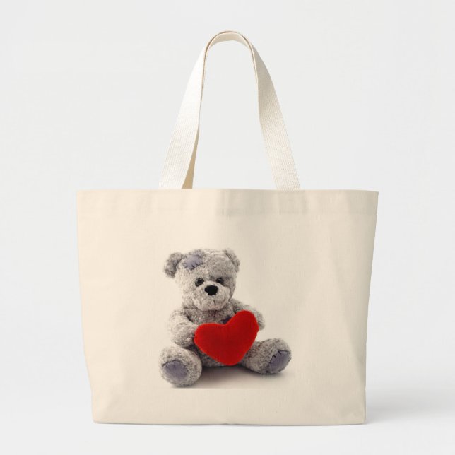 Bolso De Tela Gigante Oso Gris Con Corazón (Frente)