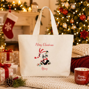 Bolso De Tela Gigante Oso Panda Feliz Navidad