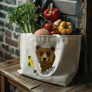 Bolso De Tela Gigante Oso Pardo Flores Azules Pluma Vida Silvestre