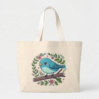 Bolso De Tela Gigante Pájaro azul lindo encaramado en una rama en flor