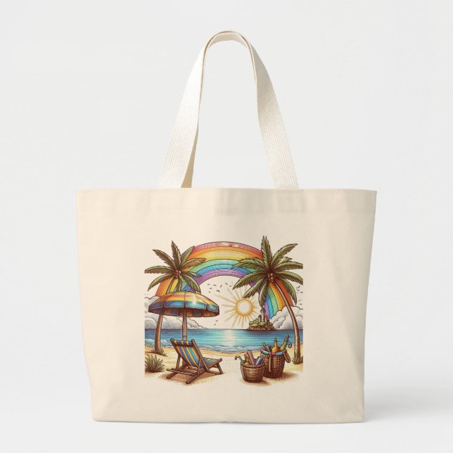 Bolso De Tela Gigante Palm Beach con arcoíris y sol (Frente)