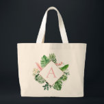 Bolso De Tela Gigante Palmas tropicales Monograma Boda rosa Rubor<br><div class="desc">Ubicación de destino - Palms Tropicales Playa Botánica Rubor Pink and Green Watercolor Spring Wedding Monograma Bolsas de Tote sobre el fondo del lienzo - incluye una tipografía de escritura hermosa y elegante con hojas botánicas modernas y vegetación para el regalo especial para un Boda, ducha de novia (novia o...</div>