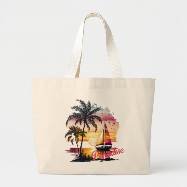 Bolso De Tela Gigante Palmeras Tropical Rosa Sunset Sailboat (Frente)
