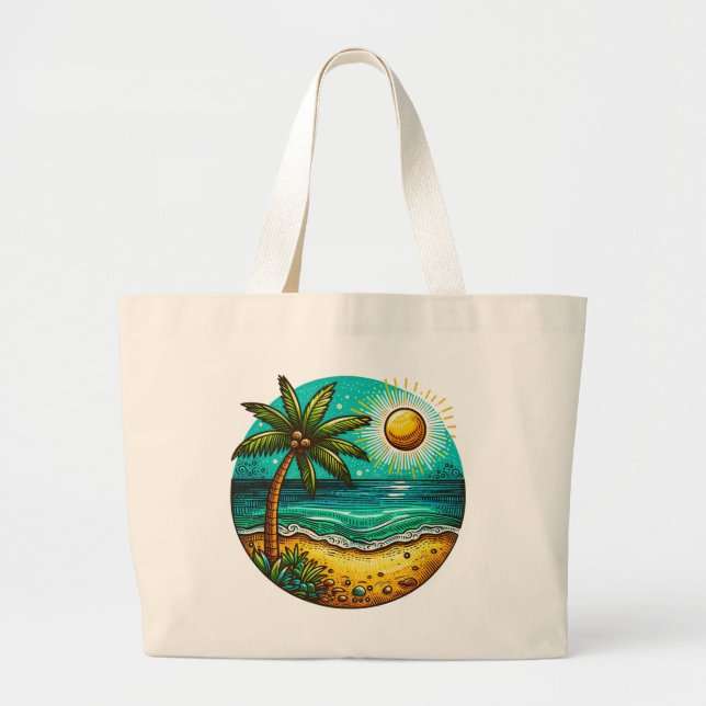 Bolso De Tela Gigante Palmeras y sol en la playa (Frente)
