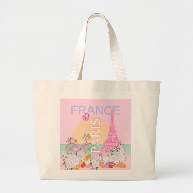 Bolso De Tela Gigante París, Francia, Viajes, Preppy, Pastel, Rosa (Frente)