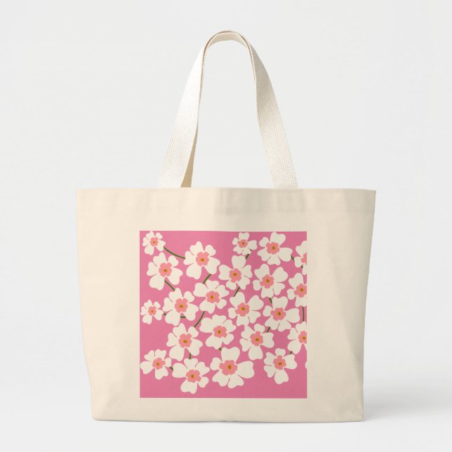 Bolso De Tela Gigante Patrón de flores blancas de fantasía rosado (Frente)