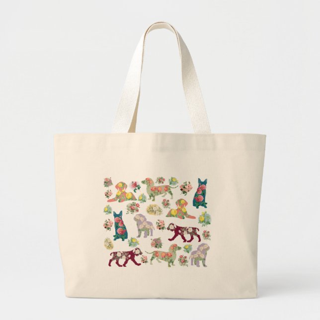 Bolso De Tela Gigante Patrón de flores y perros acuarelas (Frente)