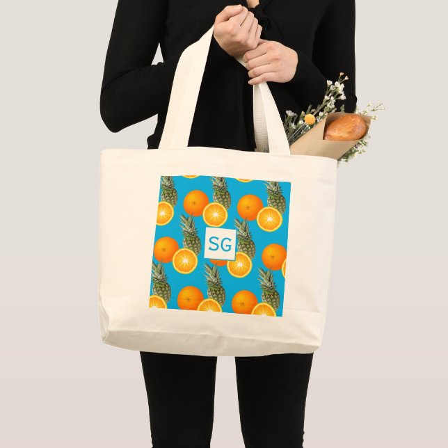 Bolso De Tela Gigante Patrón de fruta Naranja de piña azul de Aqua monog (Anverso (producto))