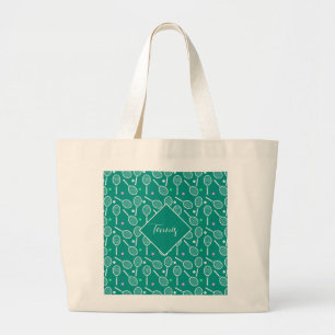 Bolso De Tela Gigante Patrón de raqueta de tenis Verde retro