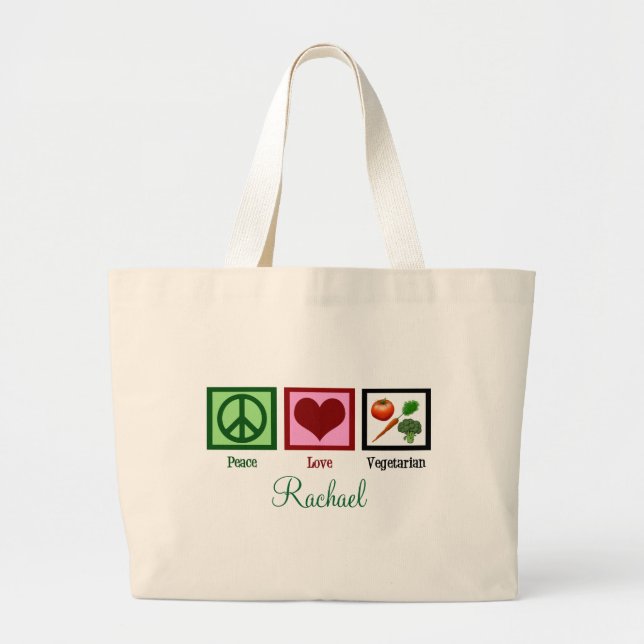 Bolso De Tela Gigante Paz Amor Vegetario Personalizado (Frente)