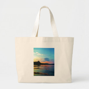 Bolso De Tela Gigante Peach and Blue Sunset en el lago montañoso