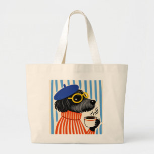 Bolso De Tela Gigante Perro Caniche Negro Genial Bebiendo Café con Boina
