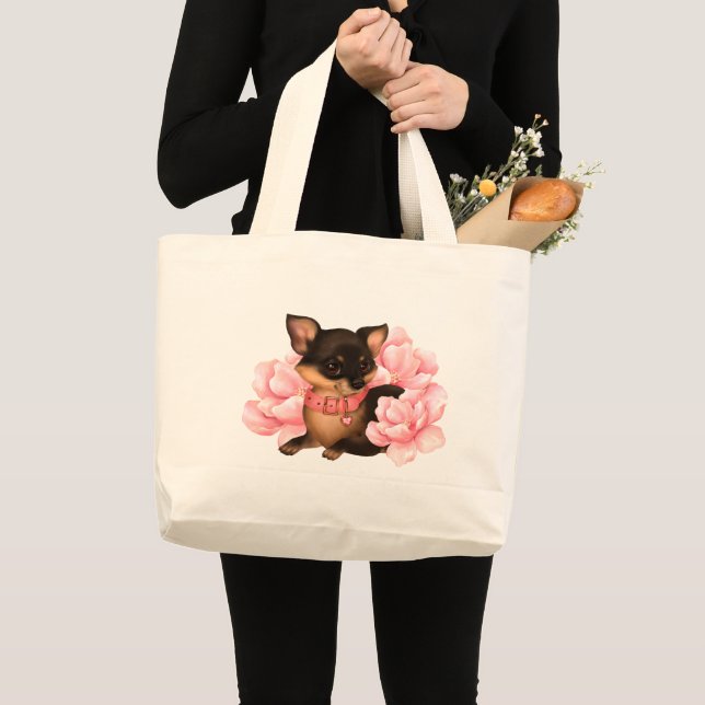 Bolso De Tela Gigante Perro chihuahua lindo con flores rosadas (Anverso (producto))
