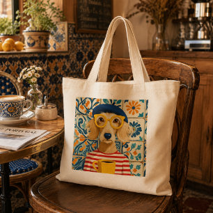 Bolso De Tela Gigante Perro Francés Genial Bebiendo Café con Gorra de Bo