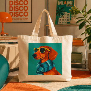 Bolso De Tela Gigante Perro salchicha fresco que lleva bufanda y gafas d