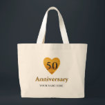 Bolso De Tela Gigante Personalizado el 50 aniversario de Gold Heart<br><div class="desc">Este nombre personalizado monograma Gold Heart 50 Aniversario lindo vintage tote bag. Puedes celebrar el Feliz 50 aniversario en el corazón dorado para celebrar esa fecha especial de Cincuenta años juntos. Personalizar "sus nombres" texto.</div>