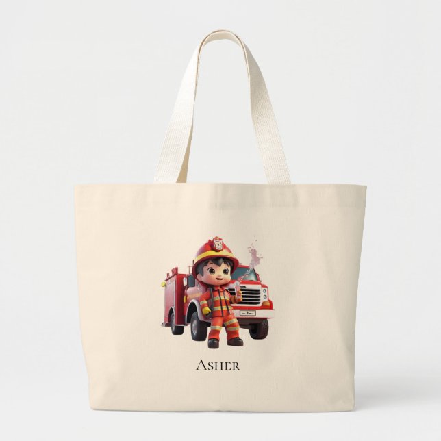 Bolso De Tela Gigante Personalized Firefighter Boy Cartoon Hero (Frente)