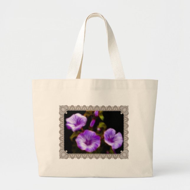Bolso De Tela Gigante Petunias púrpuras en el marco de encaje (Frente)