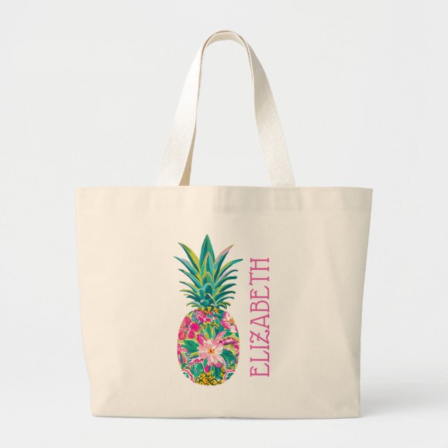 Bolso De Tela Gigante Piña floral tropical rosa y verde (Frente)