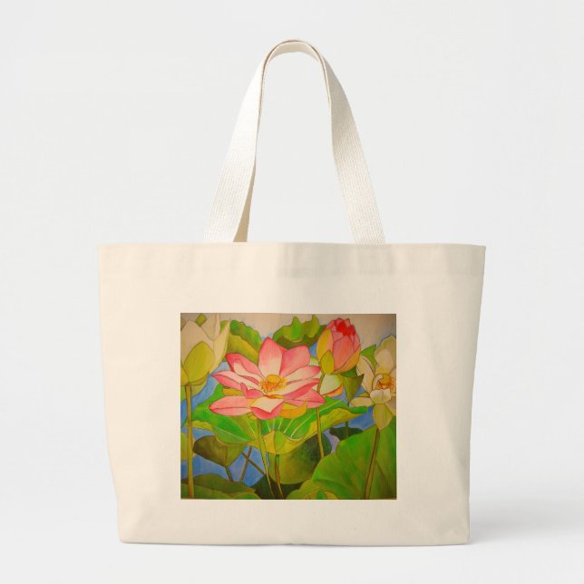 Bolso De Tela Gigante pintura acuarela rosa Lotus (Frente)