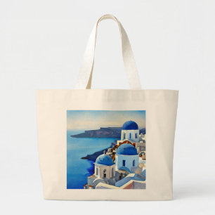 Bolso De Tela Gigante Pintura de acuarela de Santorini Grecia