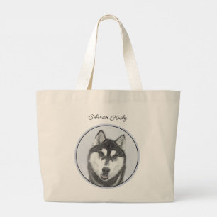 Bolso De Tela Gigante Pintura de Husky Siberiano Arte de Perro Negro y B