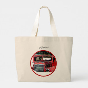 Bolso De Tela Gigante Pintura de Keeshond Navidad Camioneta Roja Antigua