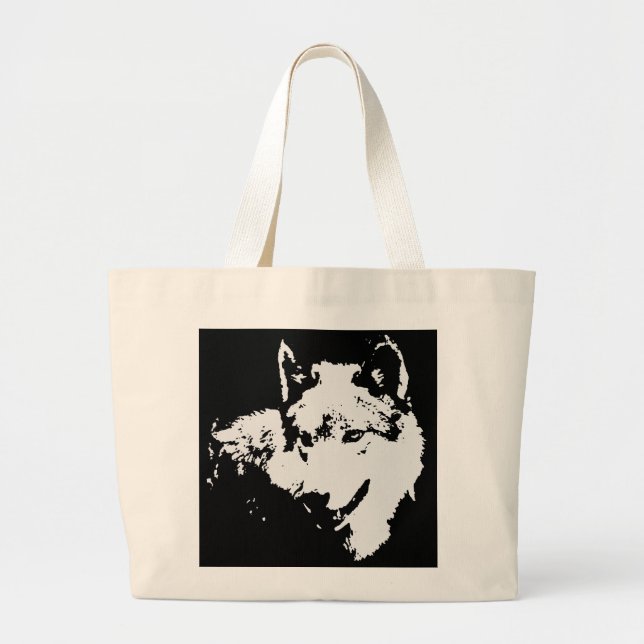 Bolso De Tela Gigante Pintura de Lobo Blanco y Negro (Frente)