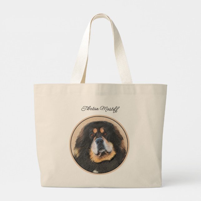Bolso De Tela Gigante Pintura de mástico tibetano de perro negro y tan M (Reverso)