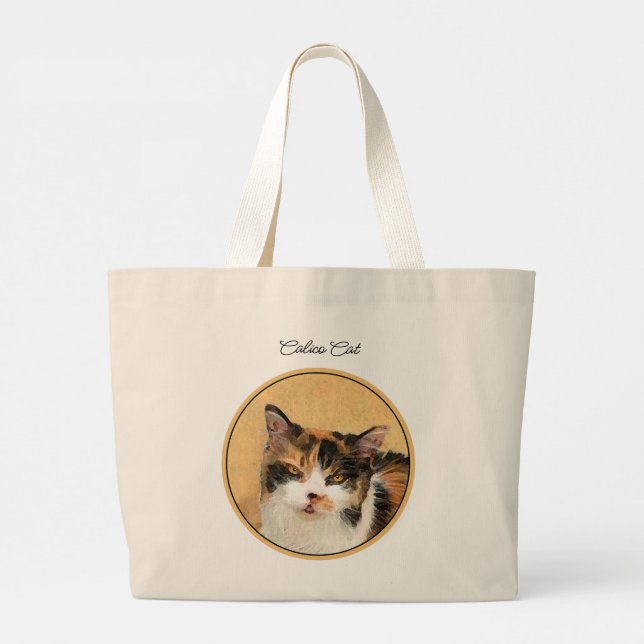 Bolso De Tela Gigante Pintura de retrato de gato calico arte original (Reverso)