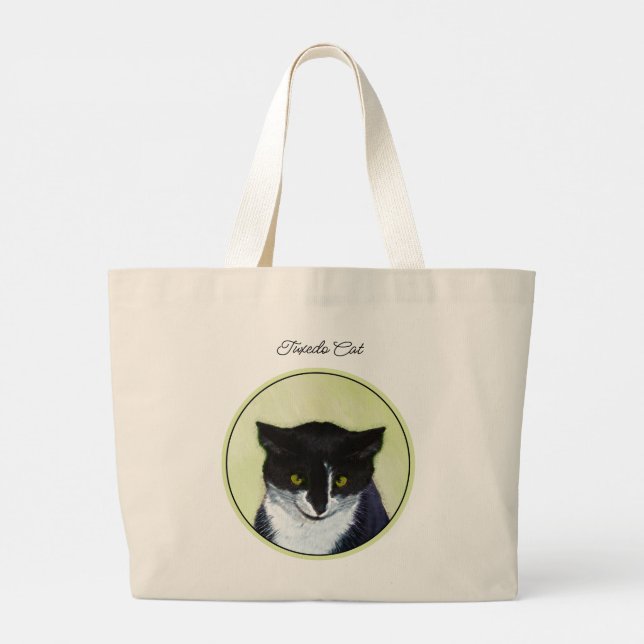 Bolso De Tela Gigante Pintura de retrato de gato de Tuxedo Arte original (Reverso)