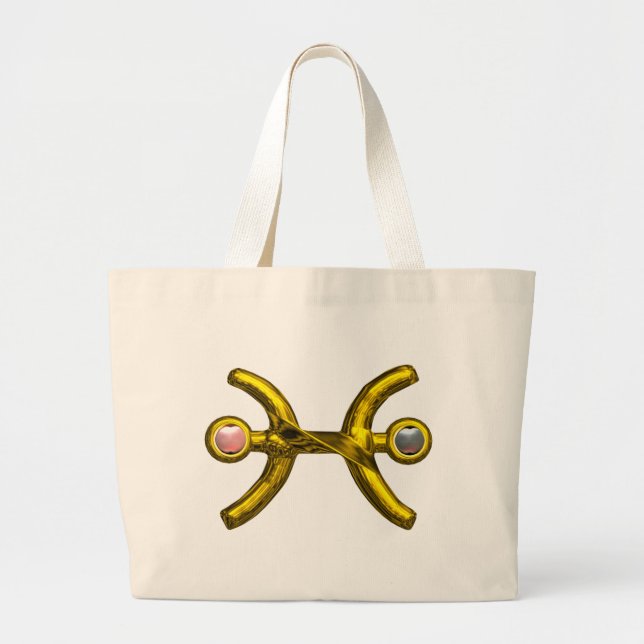 Bolso De Tela Gigante PISCES Oro Zodiac Rótulo de cumpleaños, Perlas ros (Frente)