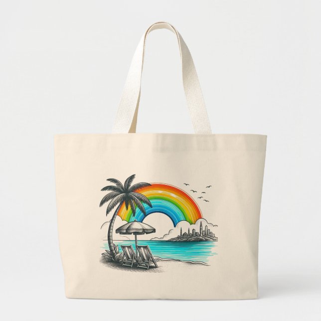 Bolso De Tela Gigante Playa de palmeras con hermoso arco iris (Frente)
