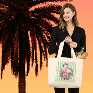 Bolso De Tela Gigante Popular flamenco rosado en franja de menta