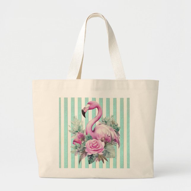 Bolso De Tela Gigante Popular flamenco rosado en franja de menta (Frente)