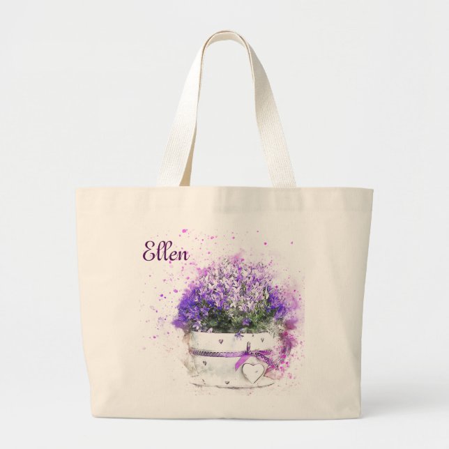 Bolso De Tela Gigante Pote bonito de flores púrpuras. Femenino (Frente)