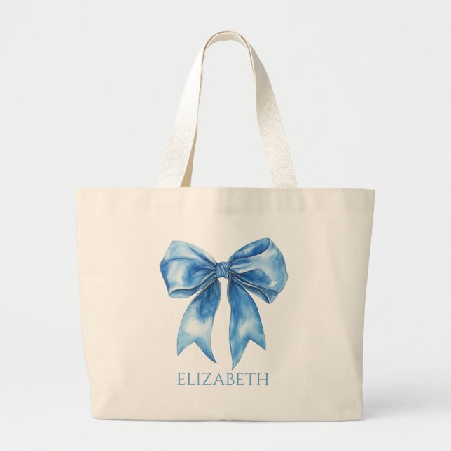 Bolso De Tela Gigante Preppy Blue and White Bow Personalized (Frente)