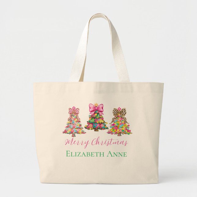 Bolso De Tela Gigante Preppy Pink and Green Christmas Trees (Frente)