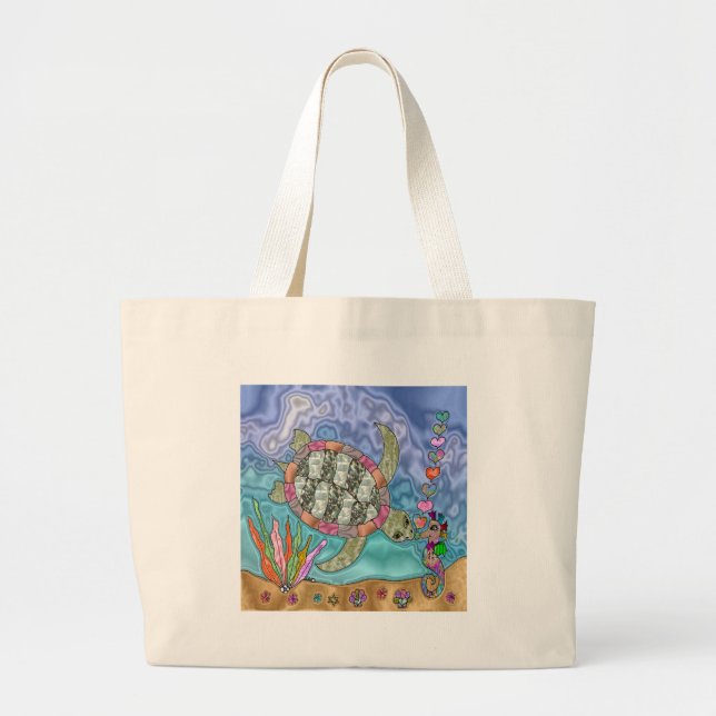 Bolso De Tela Gigante Psicodelia Mar Turtle Seahorse Art (Frente)
