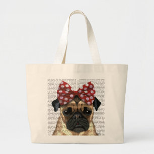Bolso De Tela Gigante Pug con arco rojo sobre la cabeza
