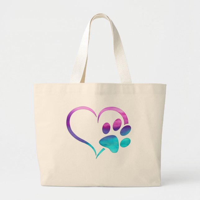 Bolso De Tela Gigante Purple Cyan Dog paw Print Heart  (Frente)