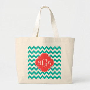 Bolso De Tela Gigante Quatrefolios de coral de Chevron blanco verde azul