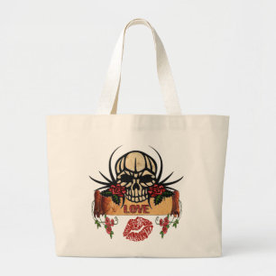 Bolso De Tela Gigante RAB Rockabilly Cráneo Rosas Amor Lápiz Labial