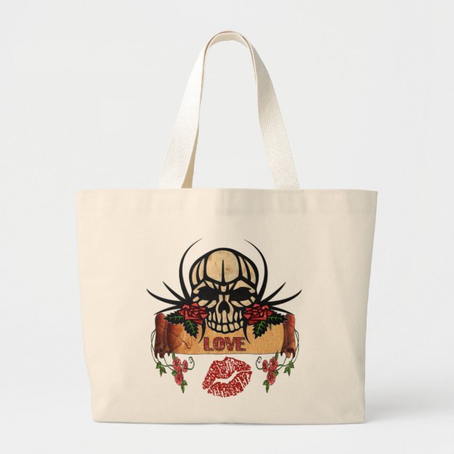Bolso De Tela Gigante RAB Rockabilly Skull Rosas Aman Lipstick (Frente)