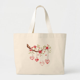 Bolso De Tela Gigante Rama de rosas rosadas en acuarela con corazones co