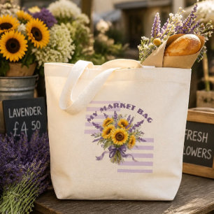 Bolso De Tela Gigante Ramo de girasoles y lavanda en acuarela rústica