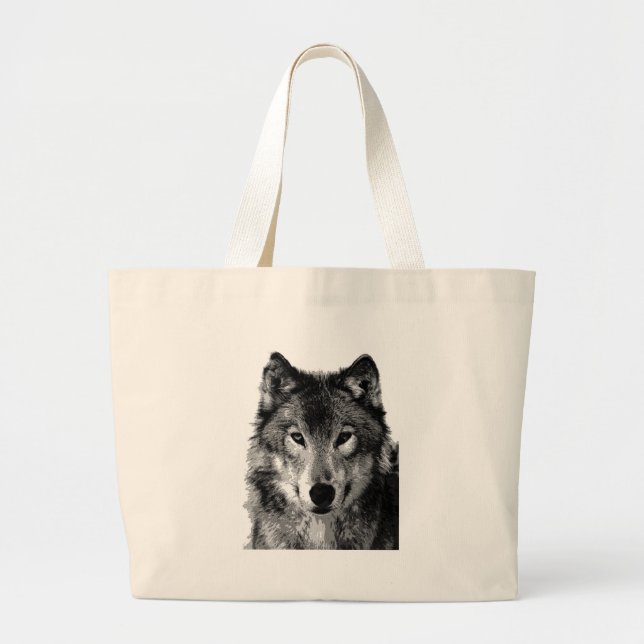 Bolso De Tela Gigante Retrato de lobo blanco y negro (Frente)